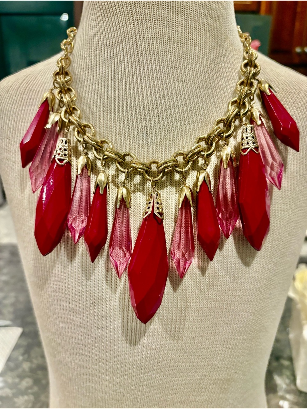 Gold Chain Statement Necklace with Fuchsia and Light Pink Crystal Drops - Picture 6 of 14